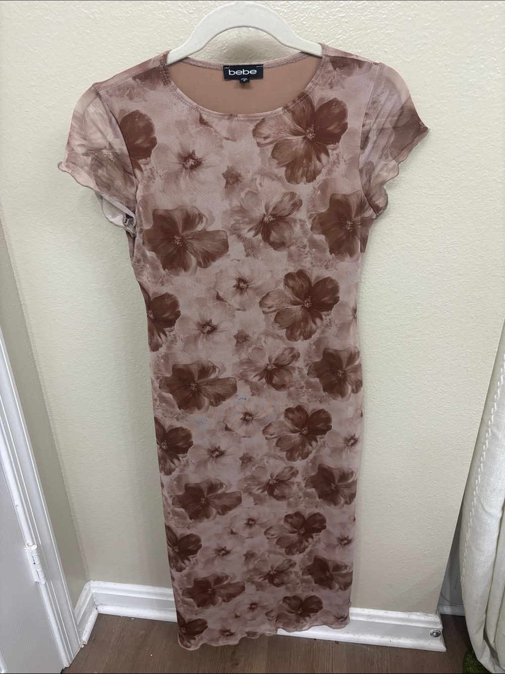 bebe Nude and Brown Floral Mesh Midi Dress